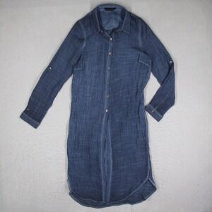 Vertigo Womens Blue Textured Longline Button Down Shirt Dress Roll Tab Sleeve S